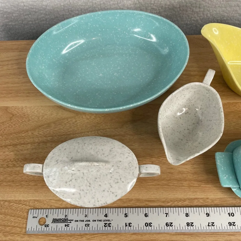 Vintage MCM Melamine Confetti Serving Set Turquoise Yellow White 5pc Speckled